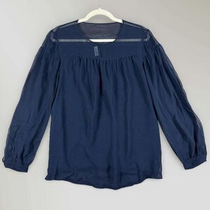 Akris Punto Women's Sheer Blouse Top Boho Blue Button Sleeve Swiss Size 10